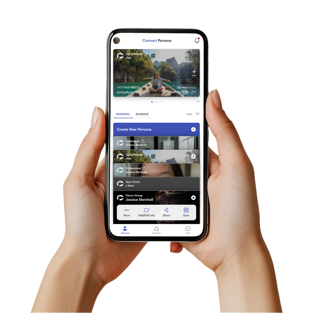 Hands holding a phone showing the Connect Persona home screen with personas such as Close Friends, Colleagues and Professional
