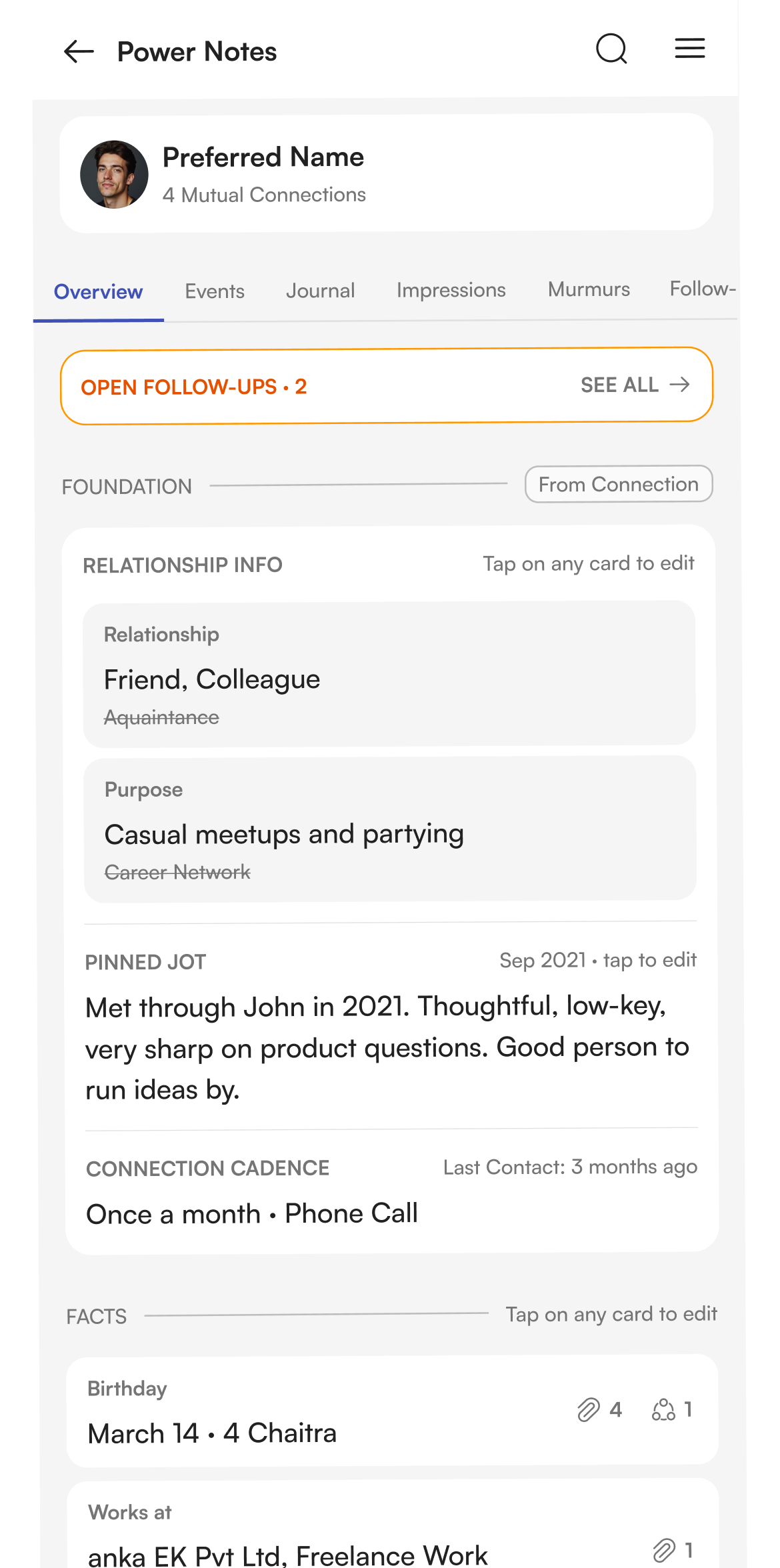 App screen showing a contact profile with relationship info, pinned notes and connection cadence