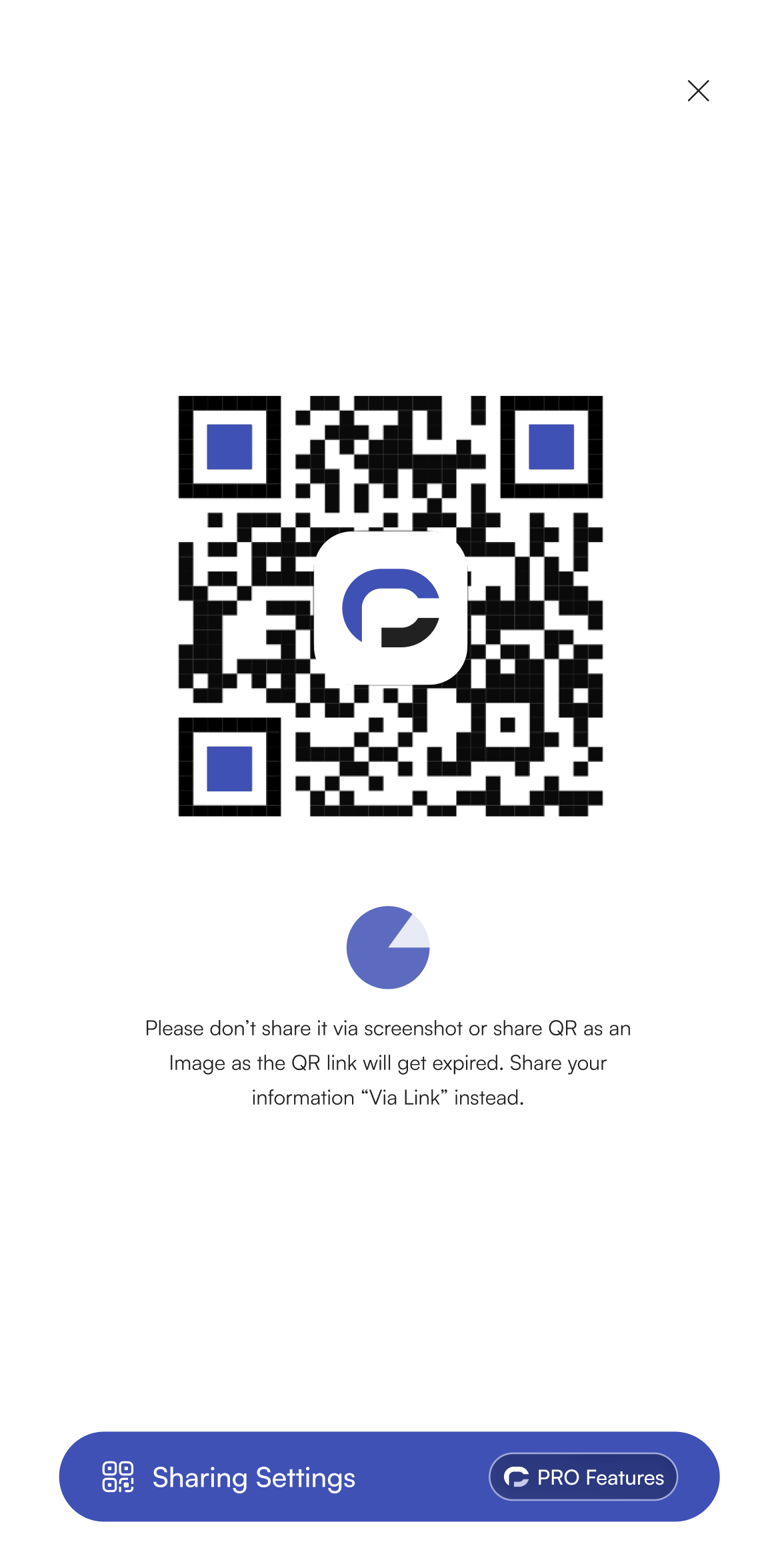 App screen showing a persona's QR code with sharing settings