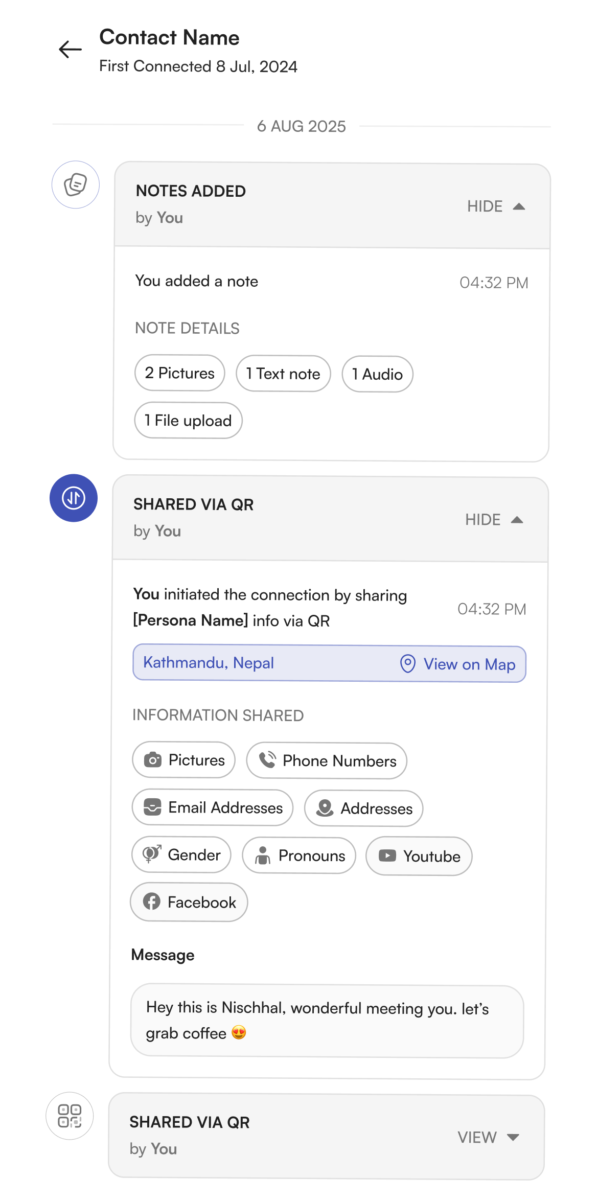 App screen showing a contact's timeline: first connected, notes added, and shared via QR