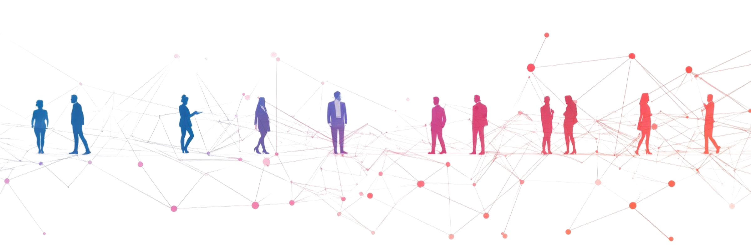 People connected across a network of lines, shifting from blue to red