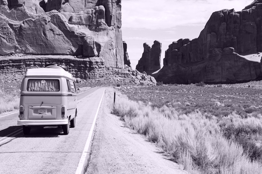 A van on a desert road