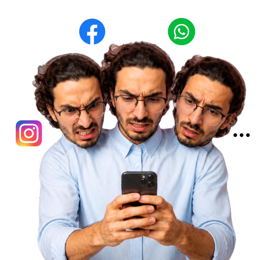 Three puzzled faces surrounded by Instagram, Facebook and WhatsApp icons