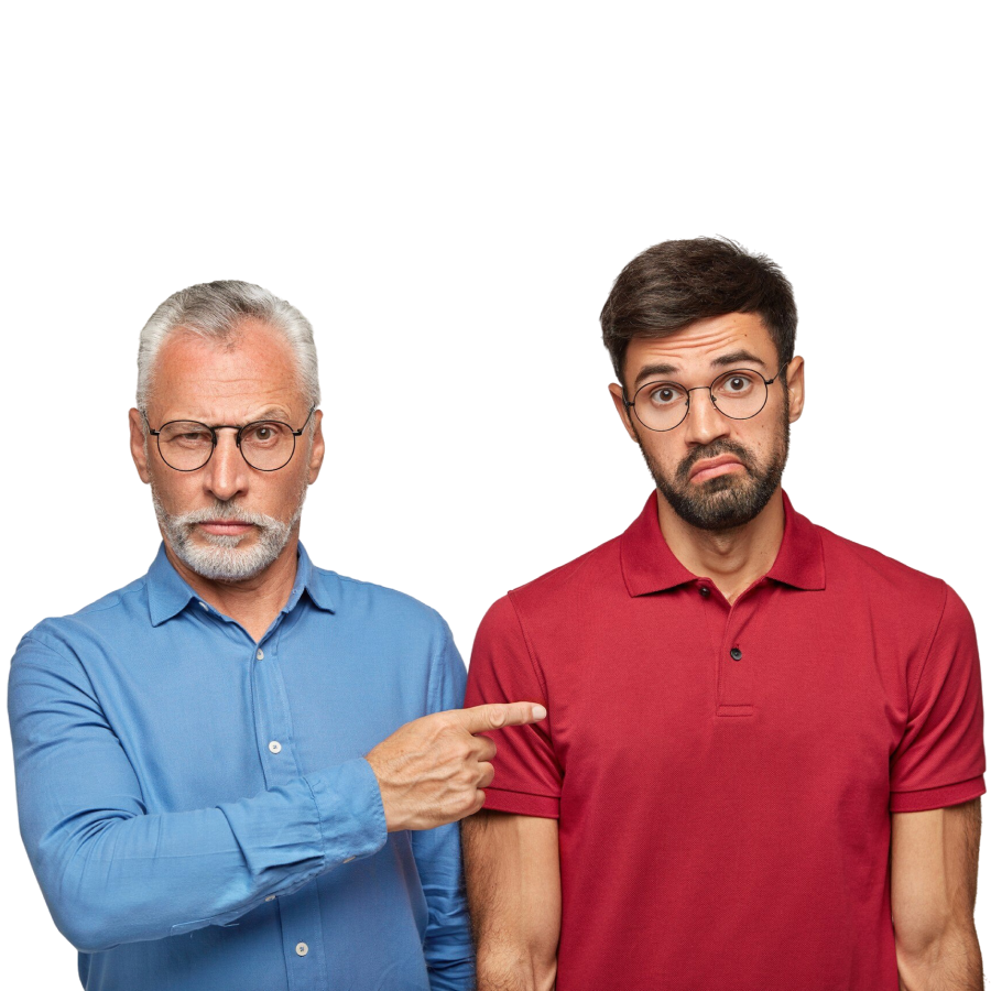 An older man pointing at a puzzled younger man