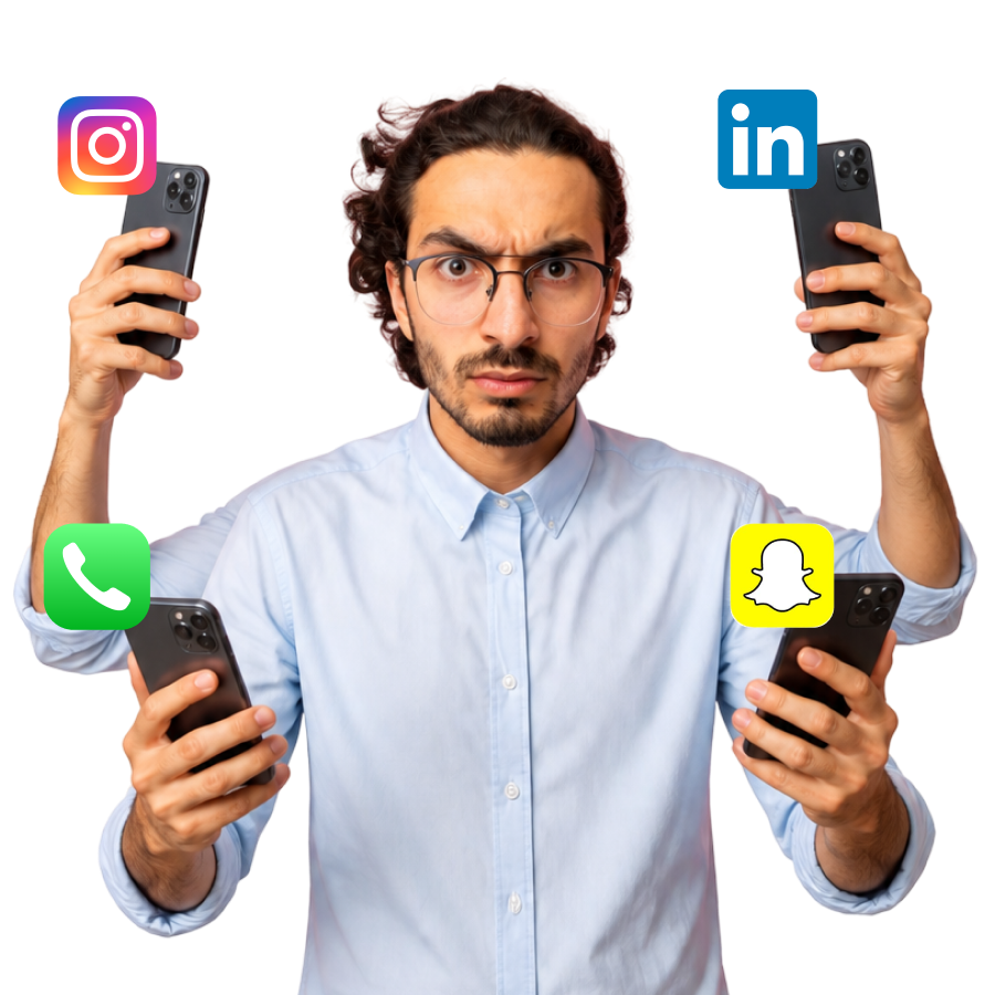 A man juggling four phones, each showing a different app